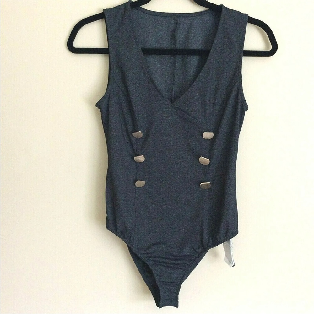 NWT Dream Bandits Women's V Neck Tank Bodysuit Gray with Gold Buttons Size M